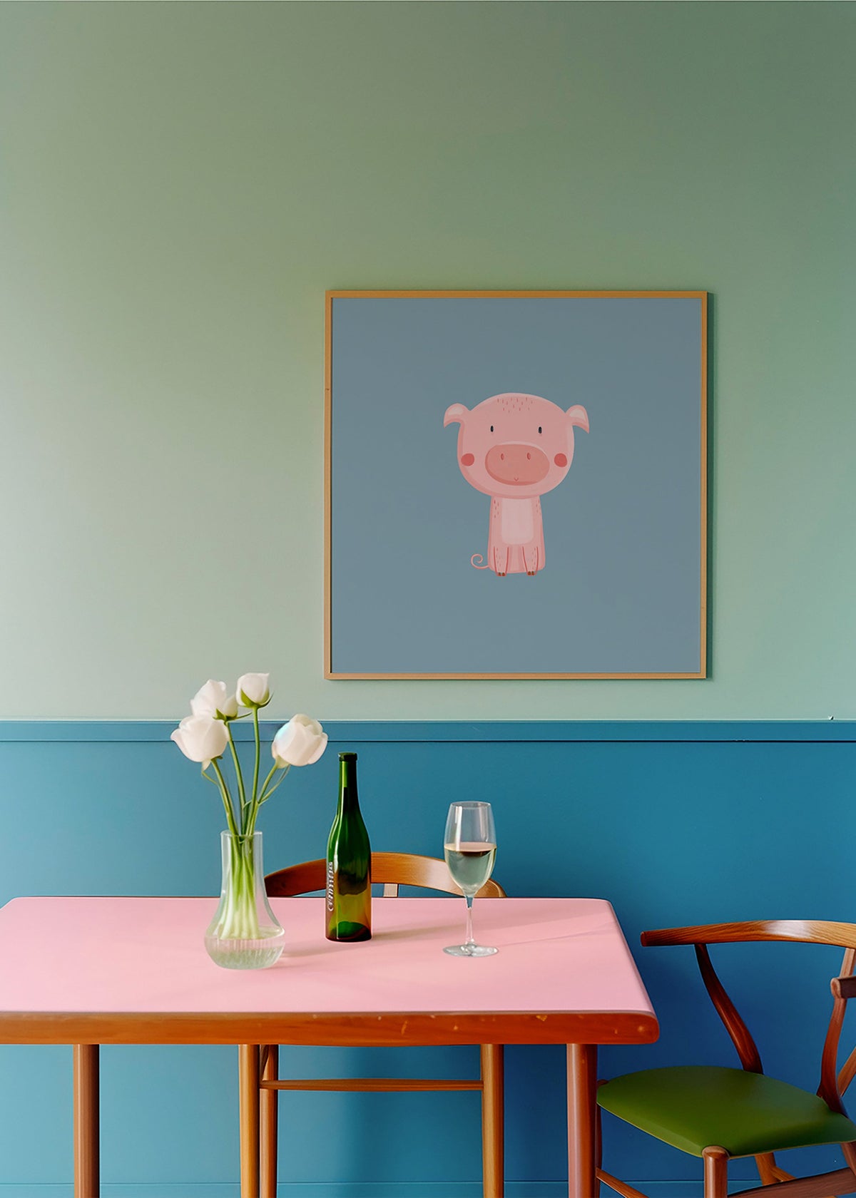 Kinderbild mit rosa Schwein in der Mitte