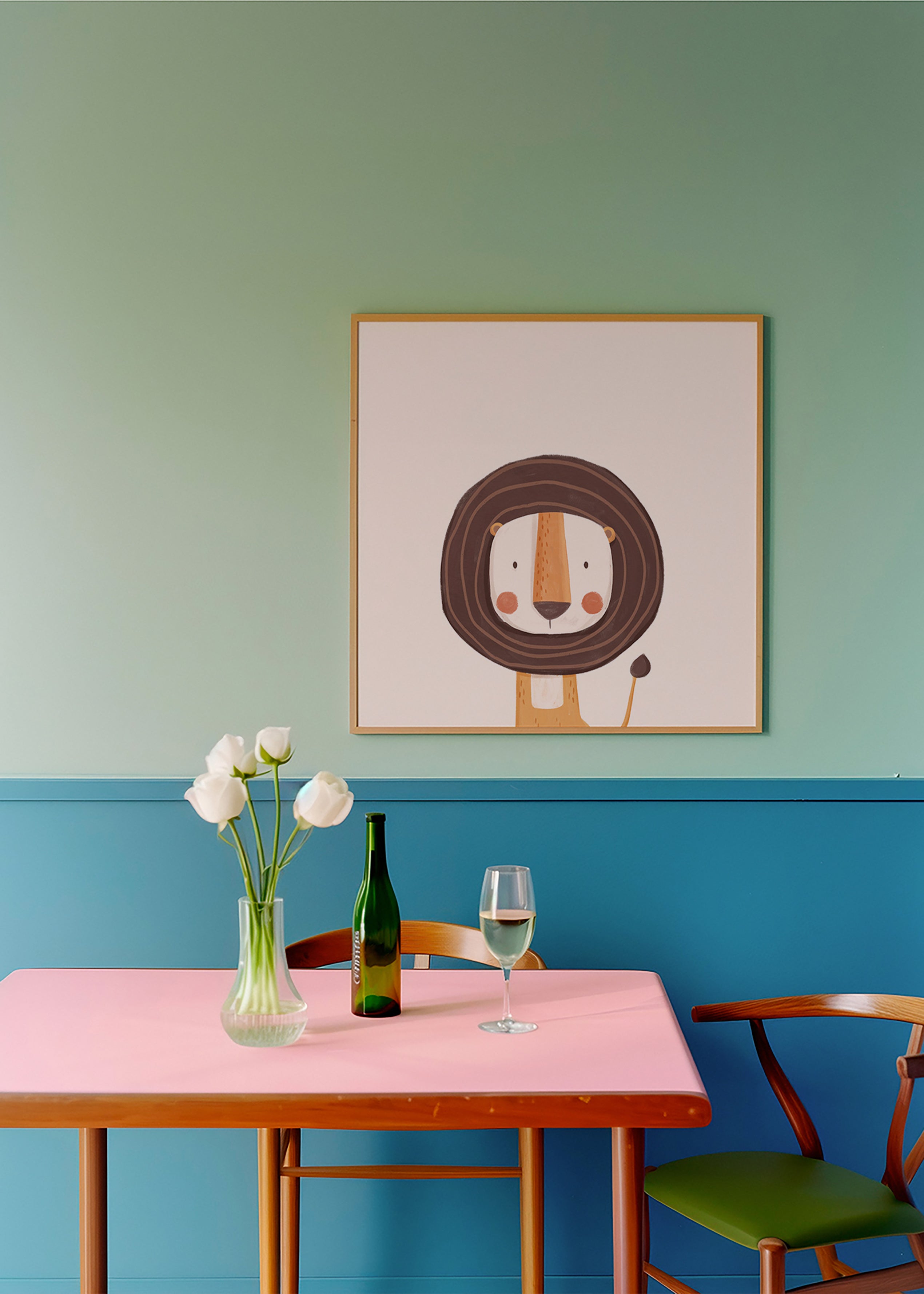 Kinderbild mit lächelndem Löwen im Minimalstil