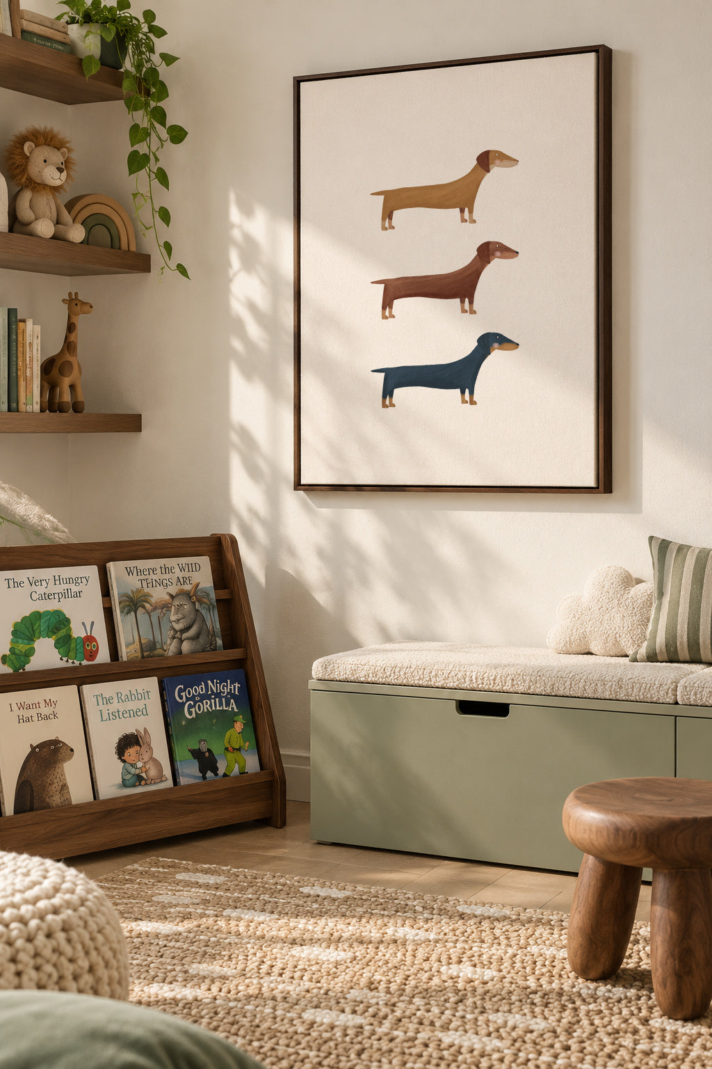 Three Dachshund Dogs - Framed canvas in an interior