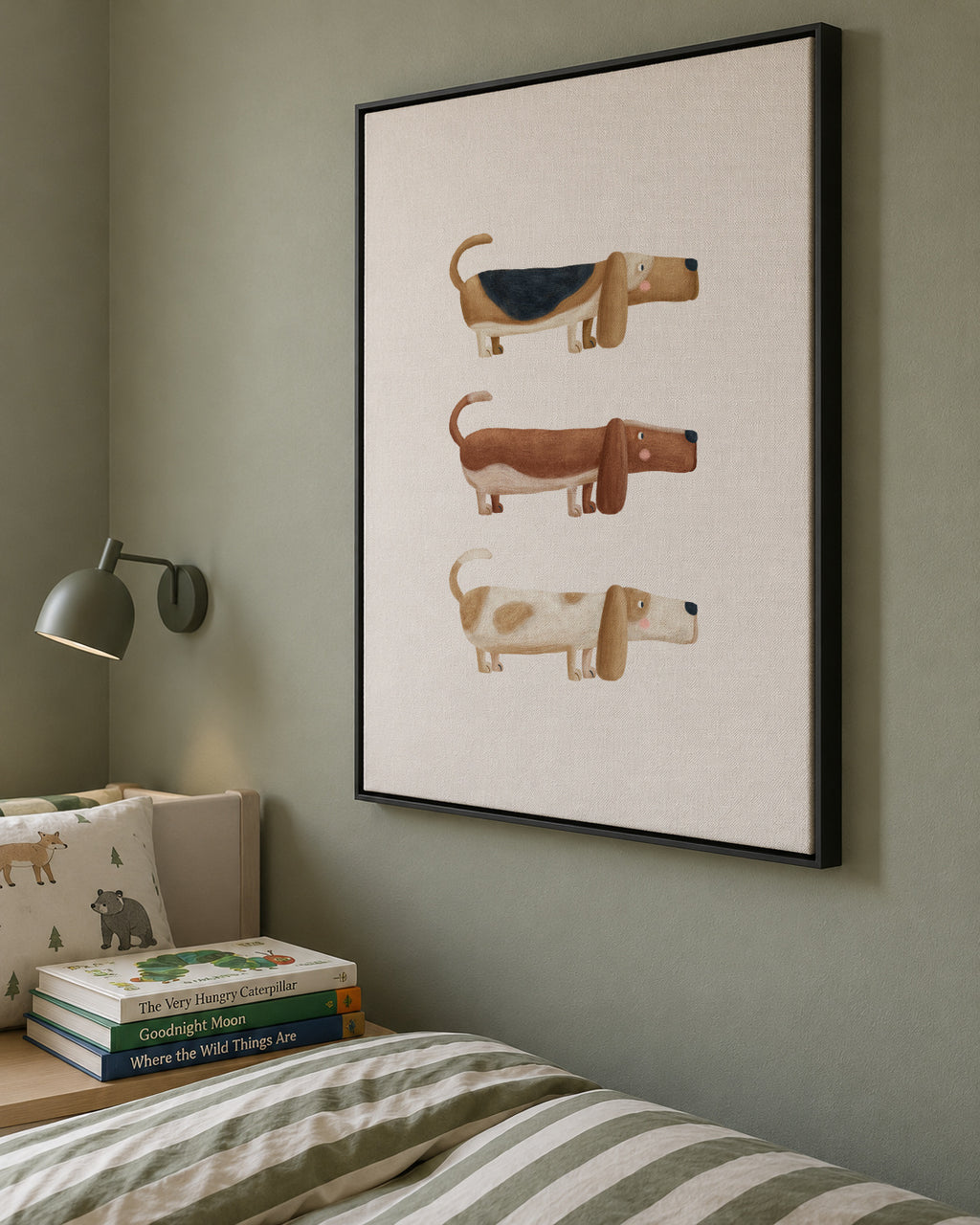 Three Basset Hound Dogs - Framed canvas in an interior
