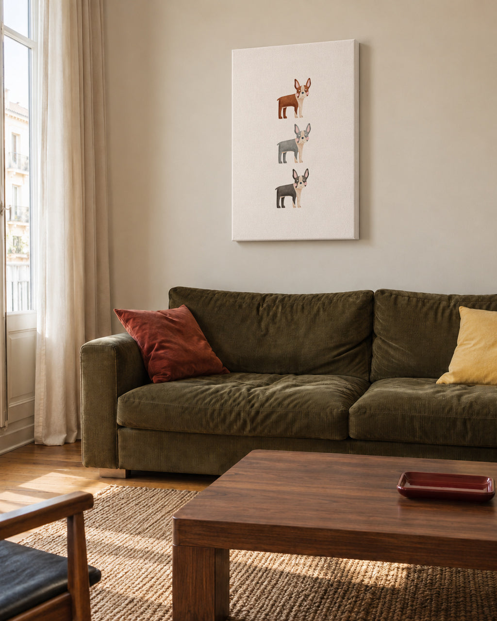 Three Boston Terrier Dogs - Unframed canvas in an interior