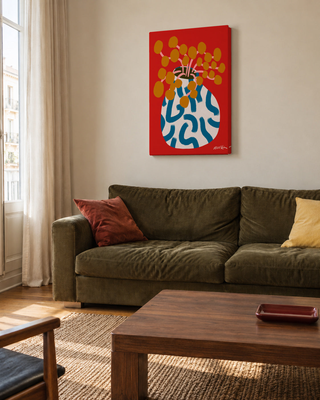 Gold Blooms Still Life - Unframed canvas in an interior