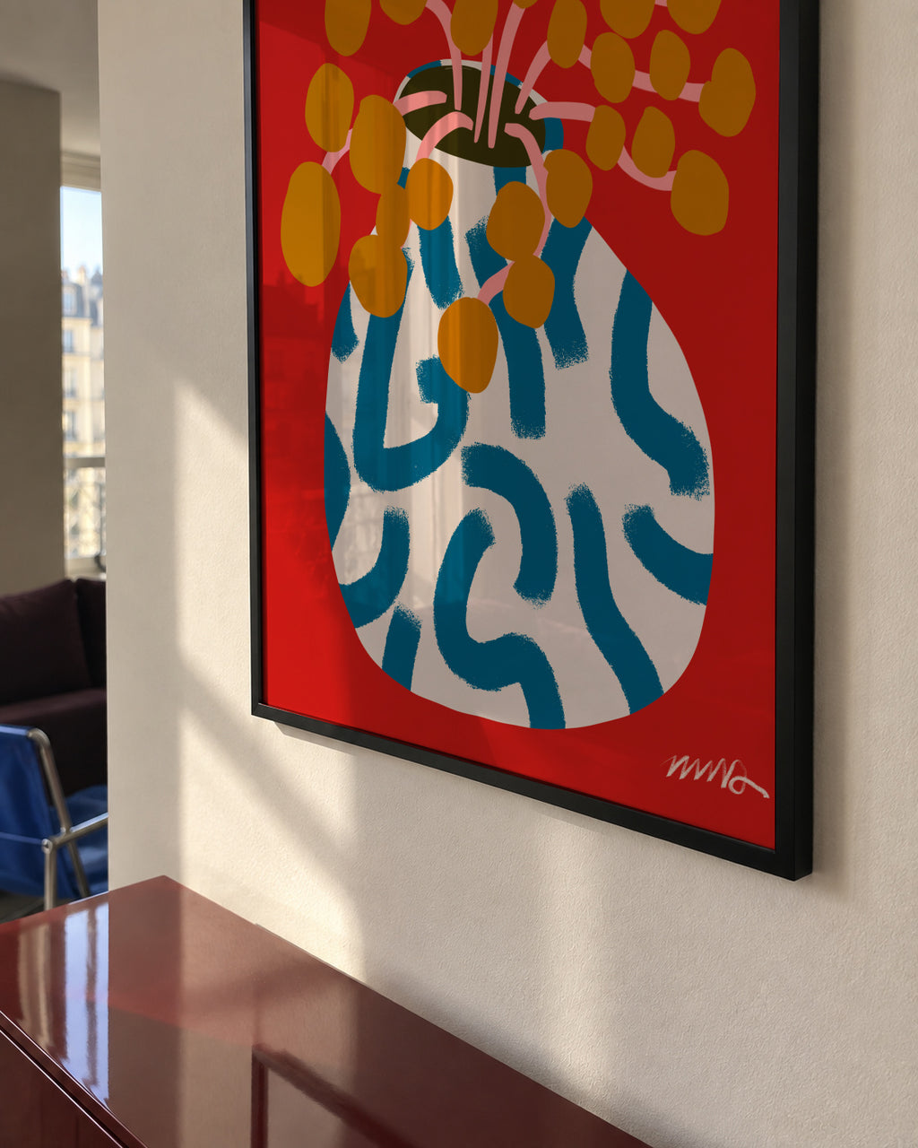 Gold Blooms Still Life - Framed poster in an interior