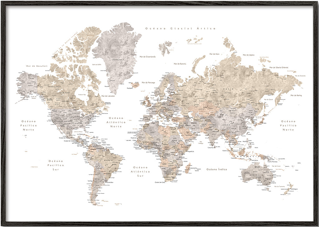 Detailed taupe watercolor world map with labels in Spanish, Abey