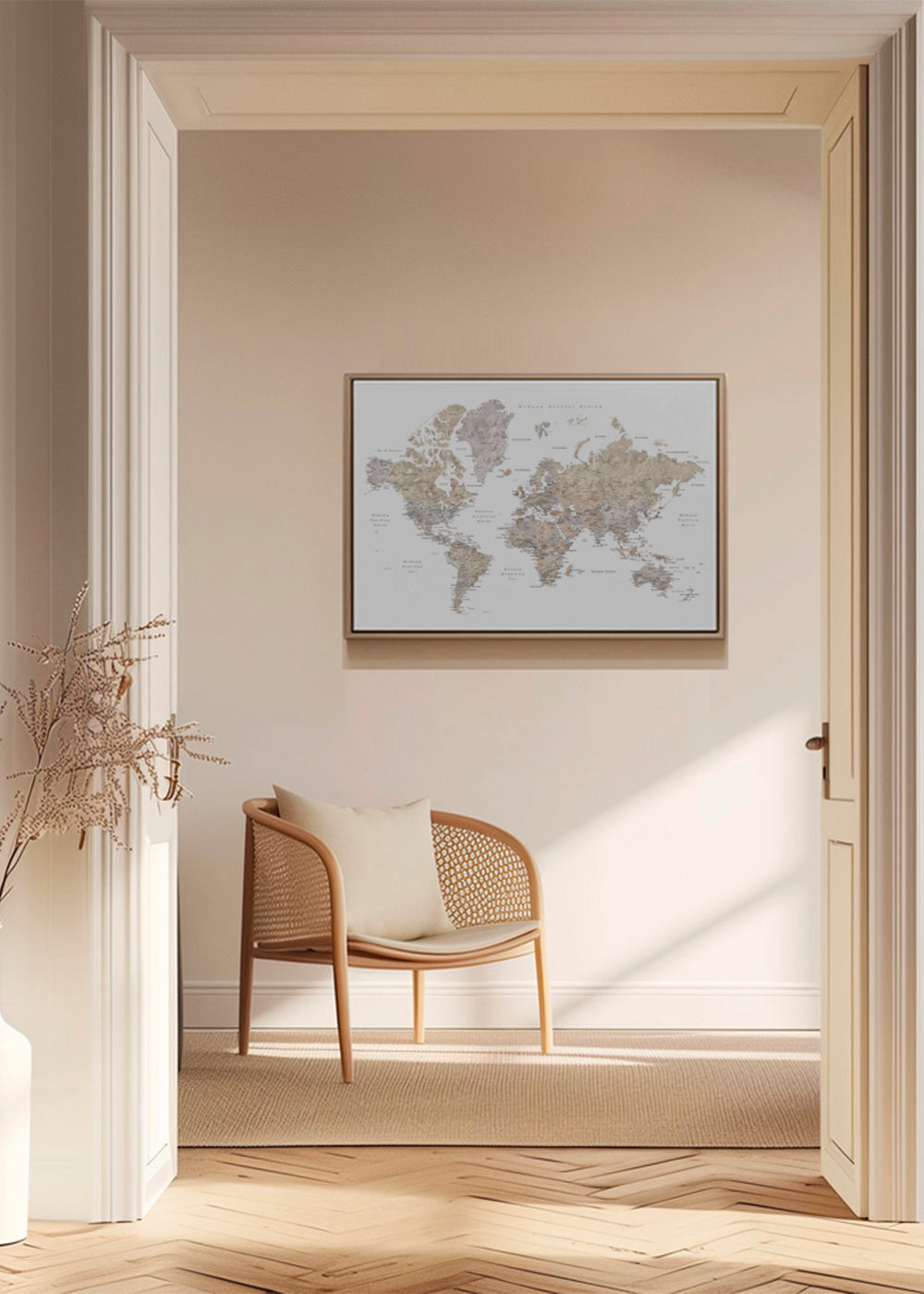 Detailed taupe watercolor world map with labels in Spanish, Abey