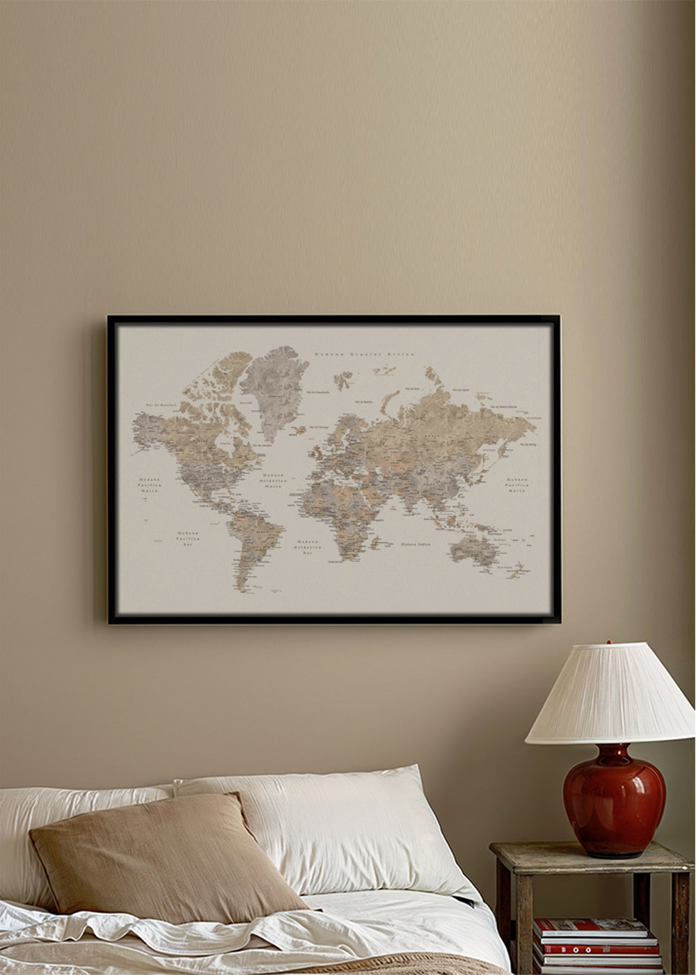 Detailed taupe watercolor world map with labels in Spanish, Abey