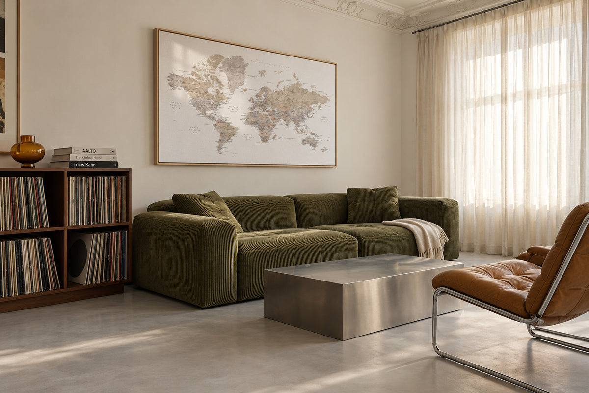 Detailed taupe watercolor world map with labels in Spanish, Abey - Framed canvas in an interior