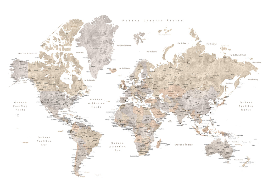 Detailed taupe watercolor world map with labels in Spanish, Abey - Unframed art print