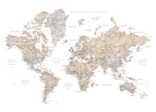 Detailed taupe watercolor world map with labels in Spanish, Abey