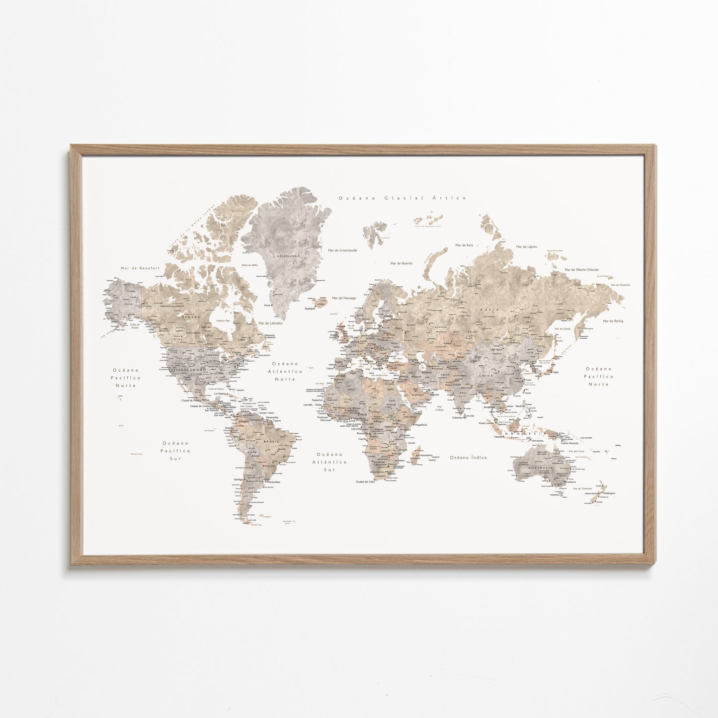 Detailed taupe watercolor world map with labels in Spanish, Abey
