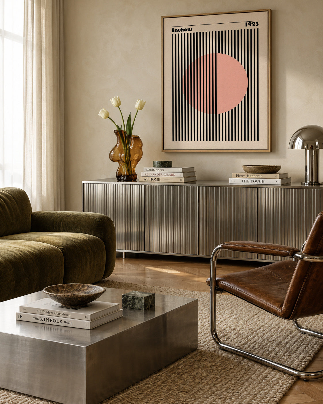 Bauhaus Pink Circle - Framed canvas in an interior