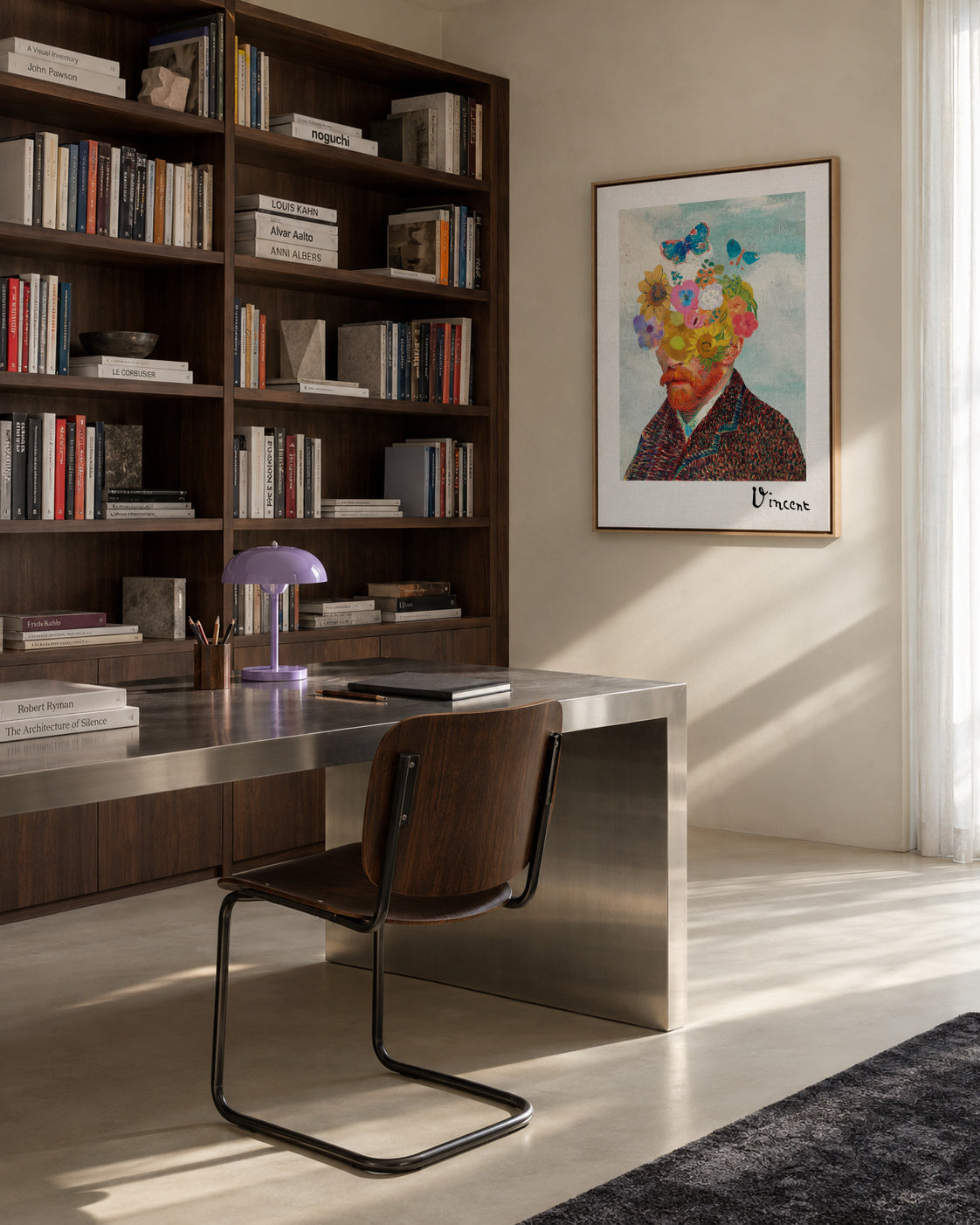 Vincent van Gogh inspired self-portrait & flower remixed - Framed canvas in an interior