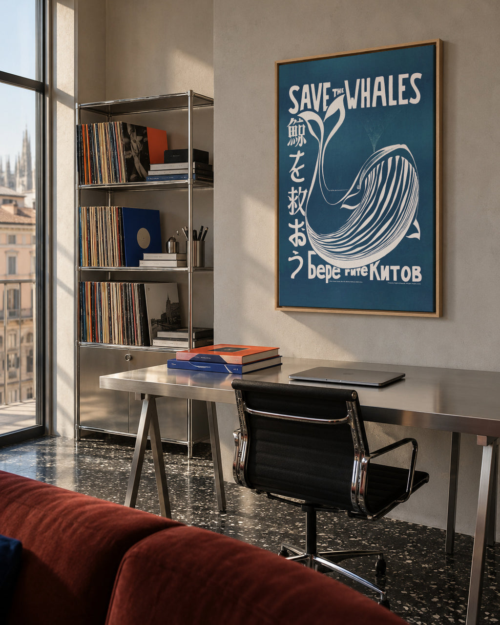 Save the whales (1973) vintage poster by Vint Lawrence - Framed canvas in an interior