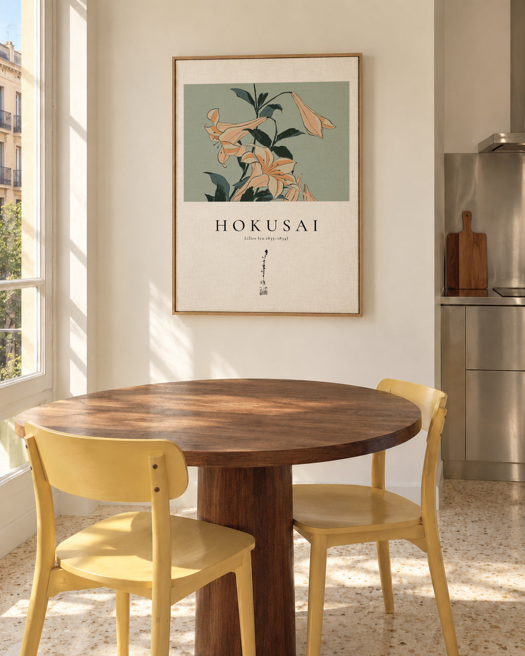 lilies by Katsushika Hokusai - Framed canvas in an interior