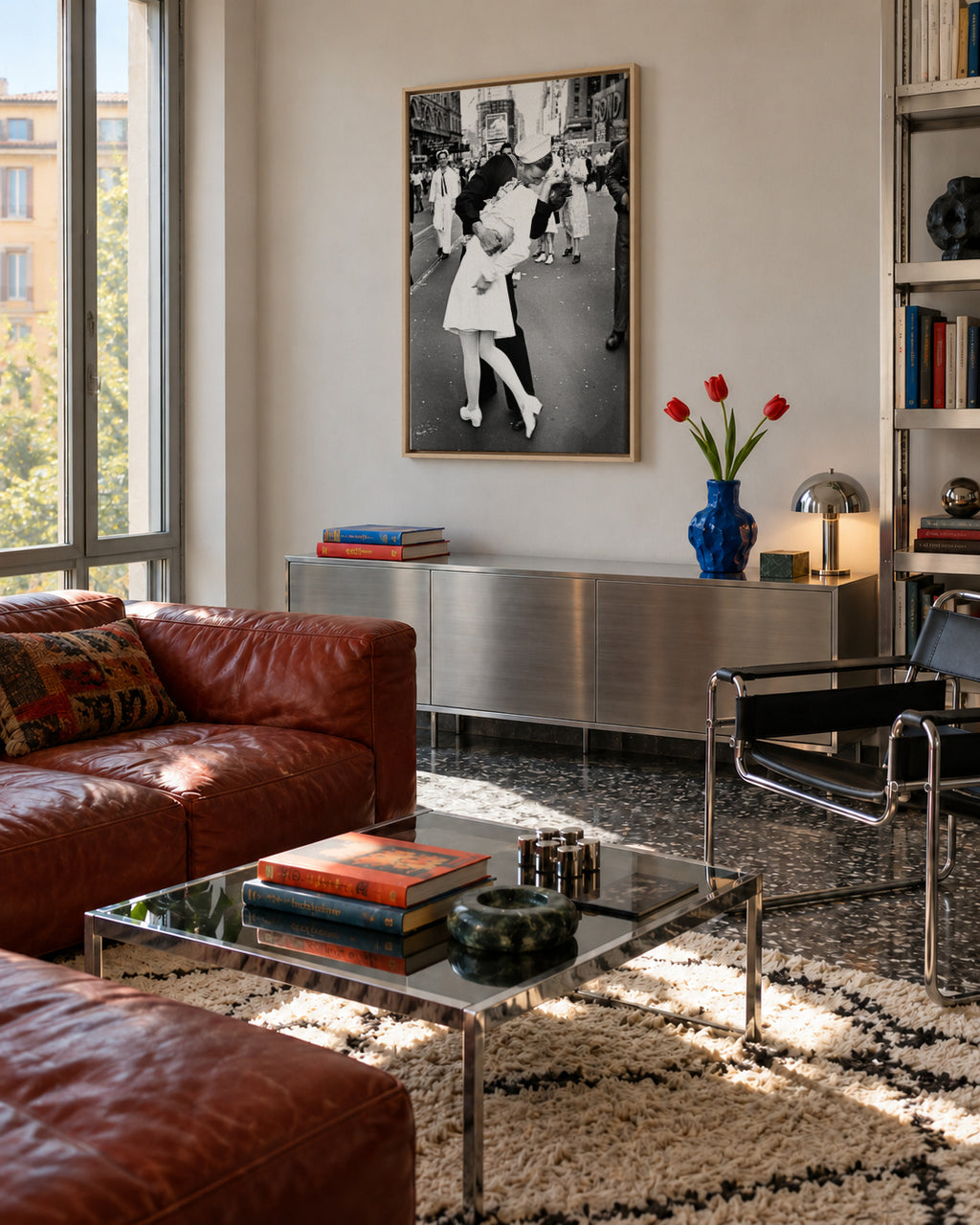 V-J Day Kiss Poster - vintage photograph - Framed canvas in an interior