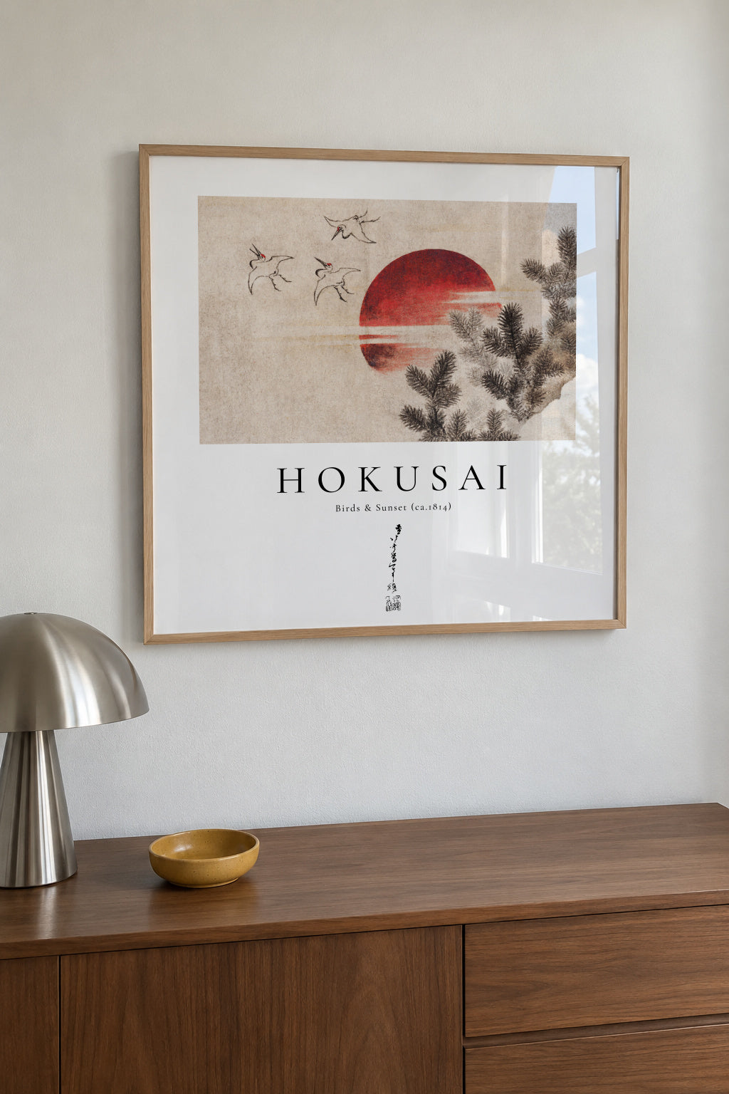 Katsushika Hokusai birds and sunset from Album of Sketches - Square - Framed poster in an interior