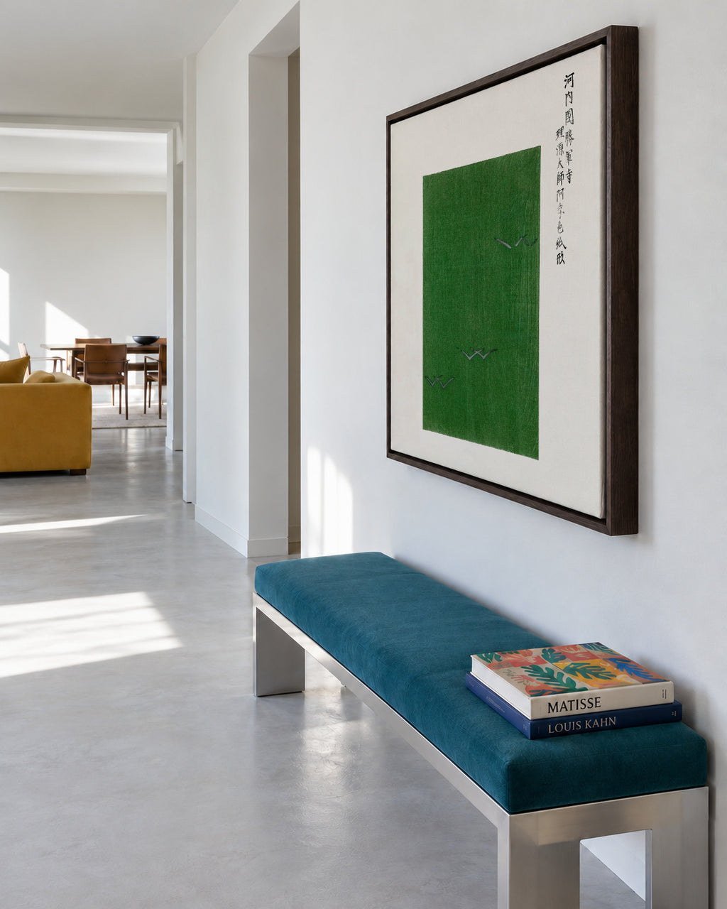 Green Birds Woodblock print from Yatsuo no tsubaki by Taguchi Tomoki - Square - Framed canvas in an interior