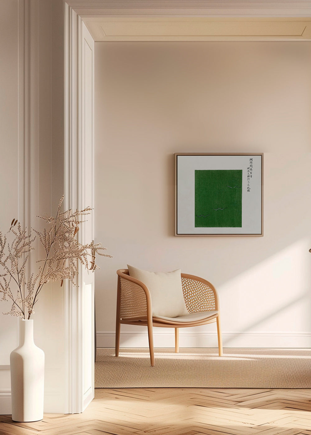 Green Birds Woodblock print from Yatsuo no tsubaki by Taguchi Tomoki - Square