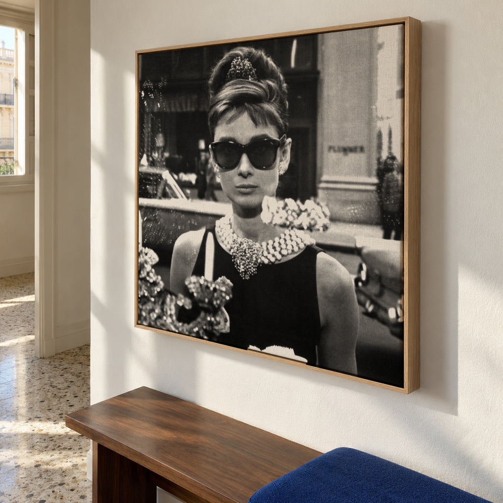 Audrey Hepburn in Breakfast at Tiffany vintage photograph. - Square - Framed canvas in an interior