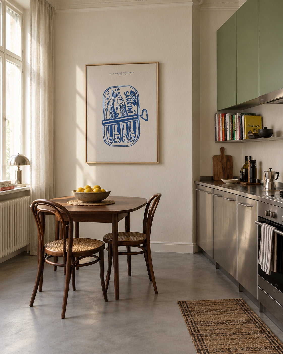 Life Simple simple pleasures - Sardines - Framed canvas in an interior