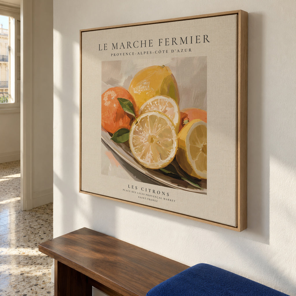 Le marche fermier - Les Citrons - SQUARE - Framed canvas in an interior