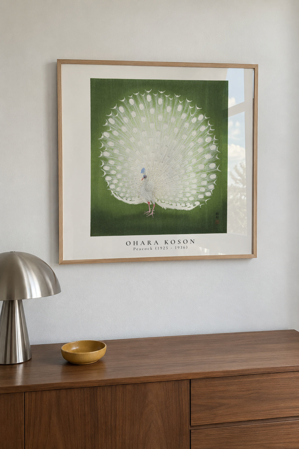 Ohara Koson, Peacock - SQUARE - Framed poster in an interior