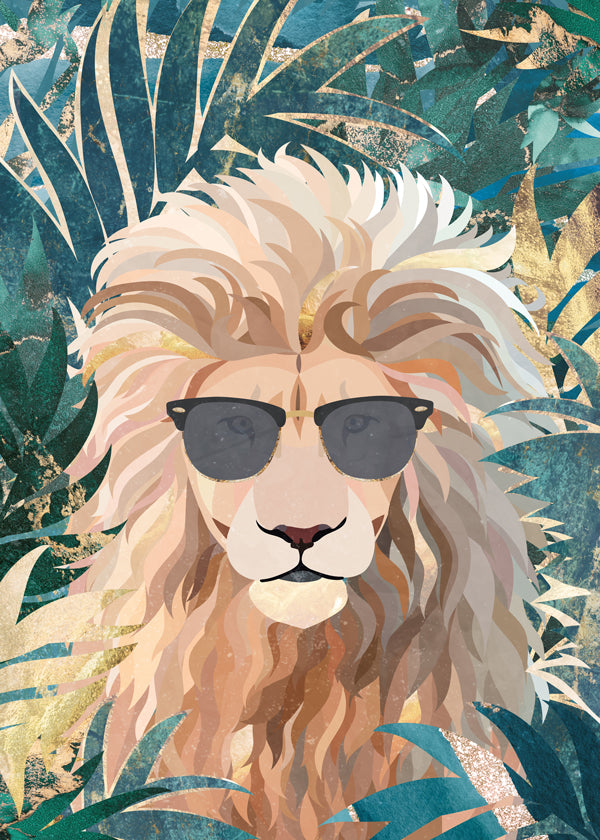 Lion in the gold and green jungle