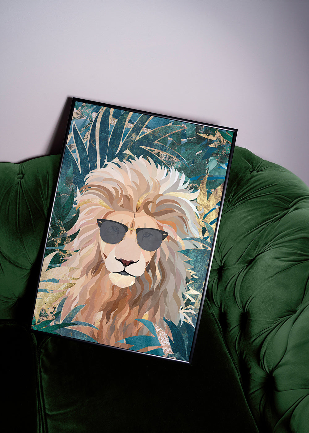 Lion in the gold and green jungle