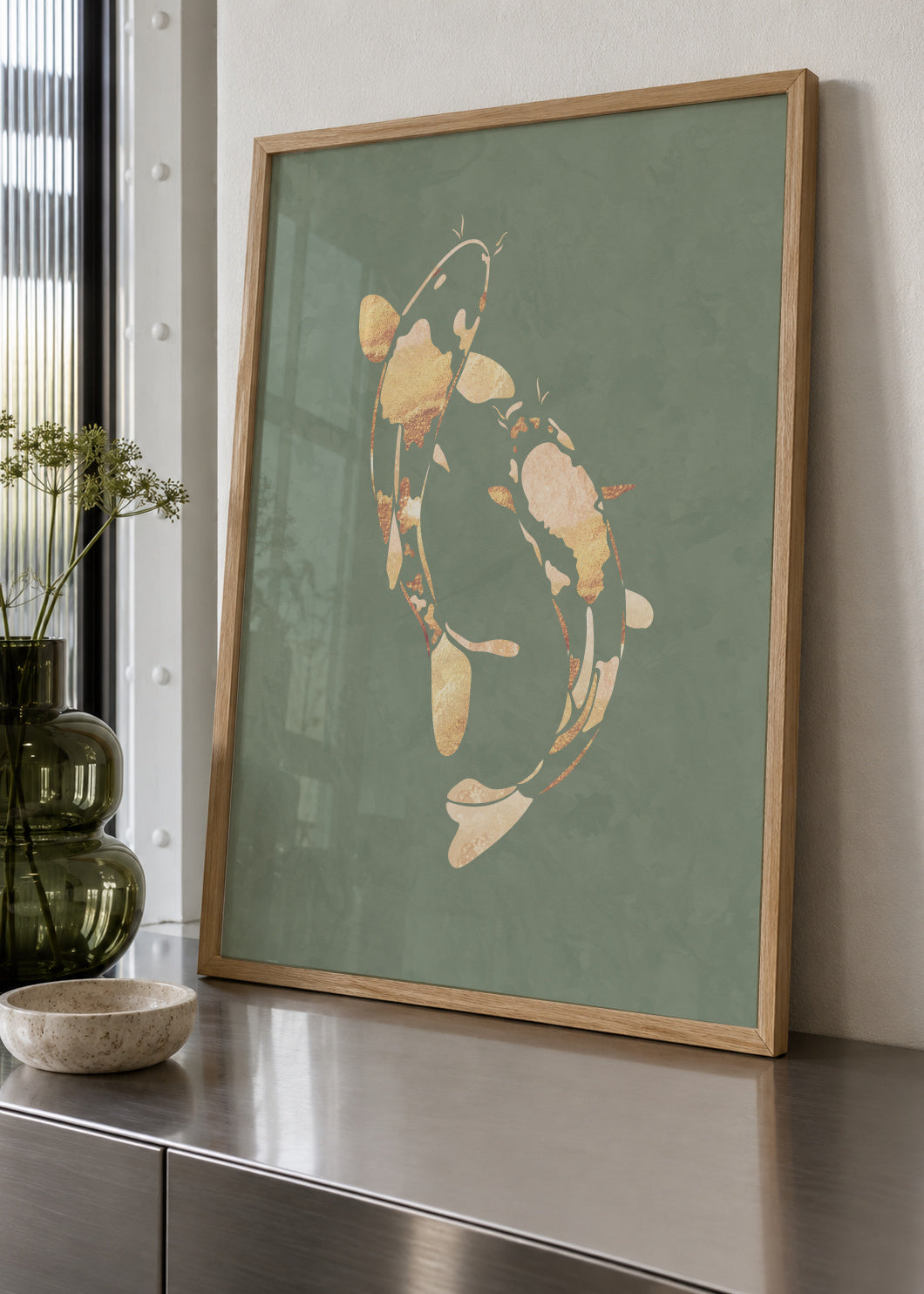 Gold Koi Fish sage green 1 - Framed poster in an interior