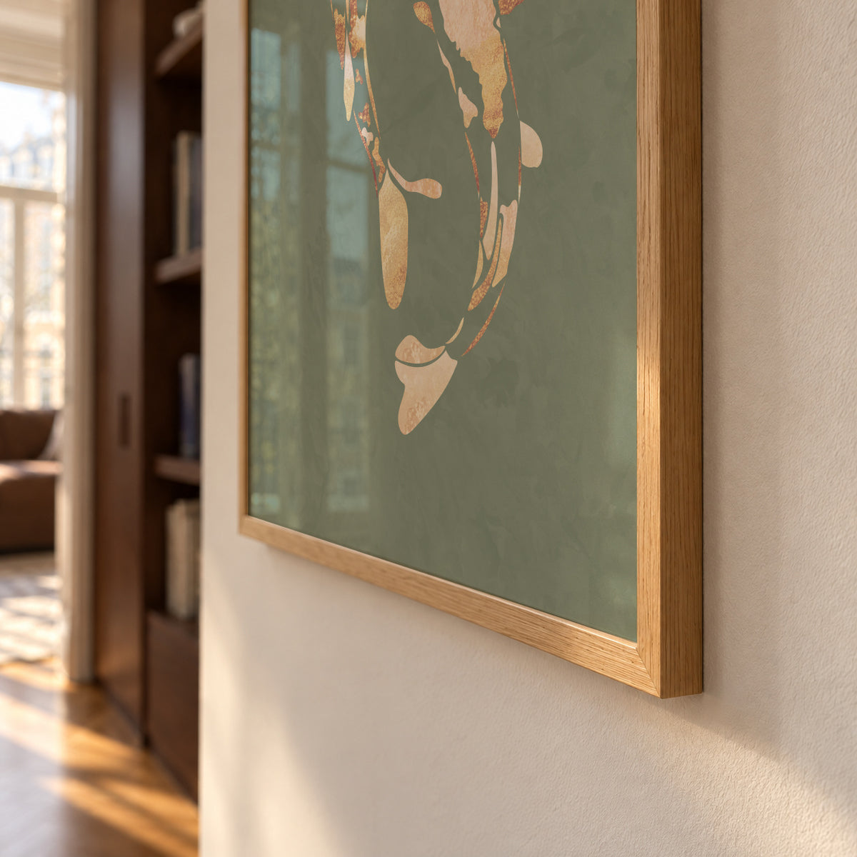 Gold Koi Fish sage green 1 - Framed poster detail