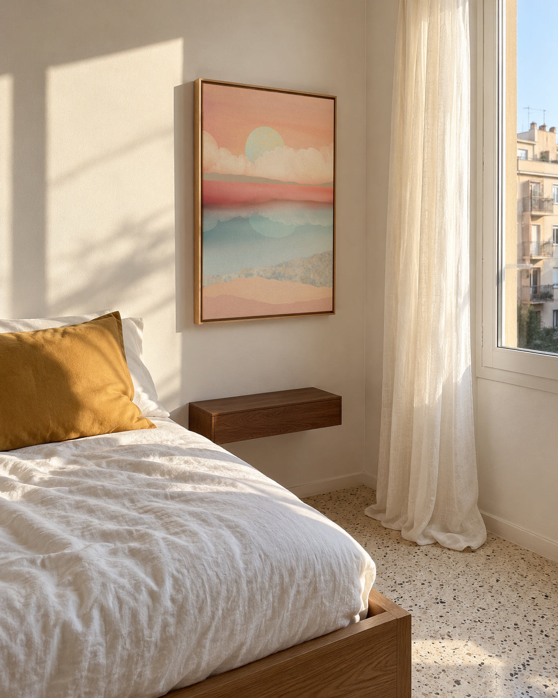 Mint Moon Beach - Framed canvas in an interior