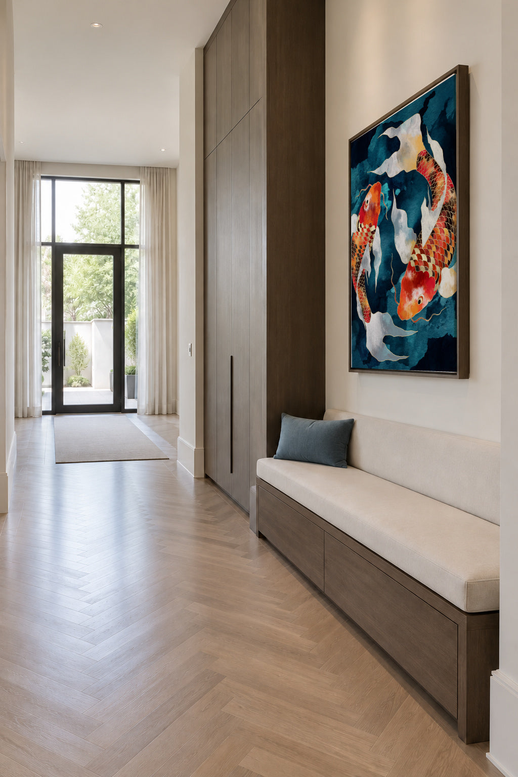 Metallic Koi II - Framed canvas in an interior