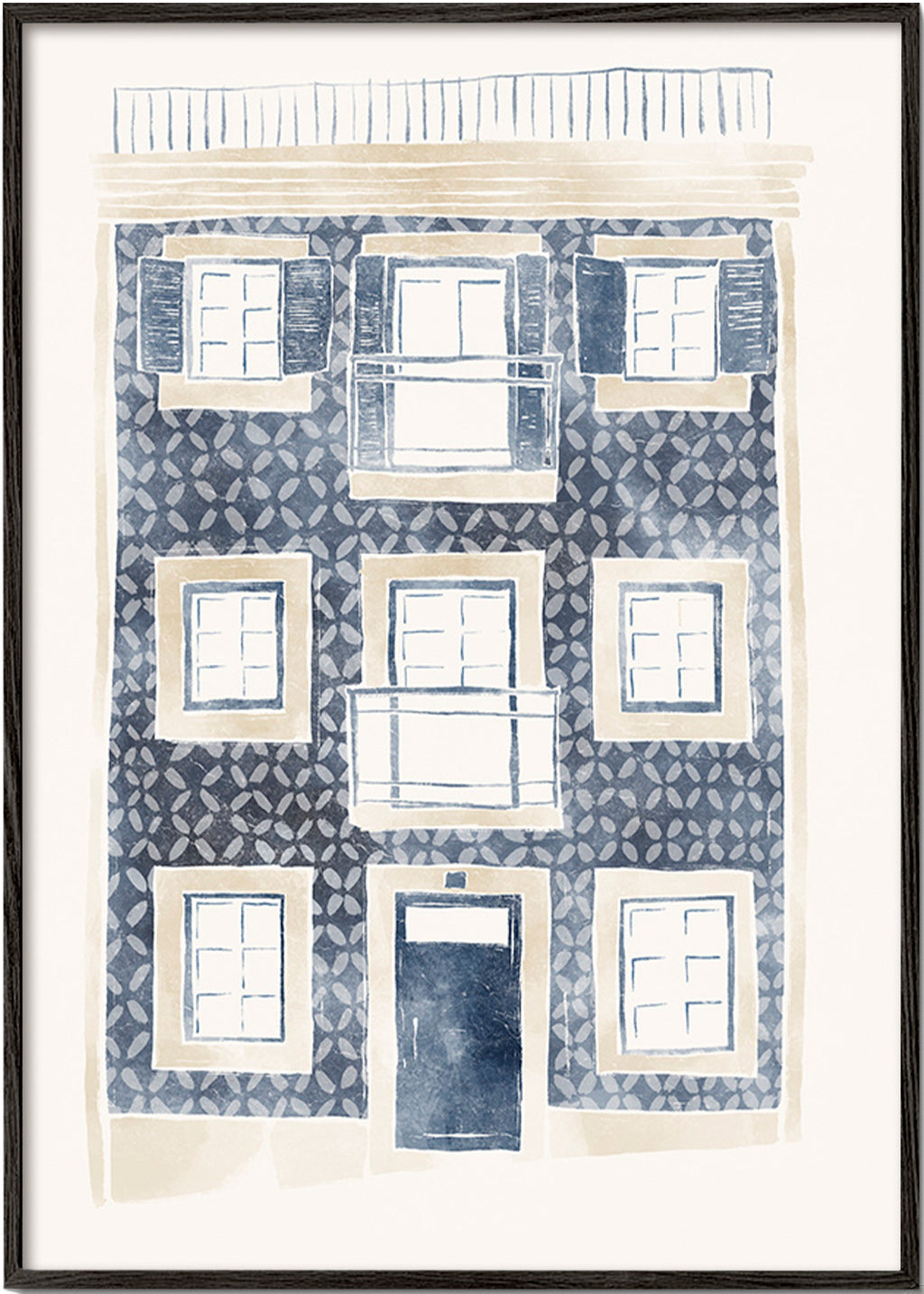 Ilustración de fachada con azulejos y balcones – Black Frame
