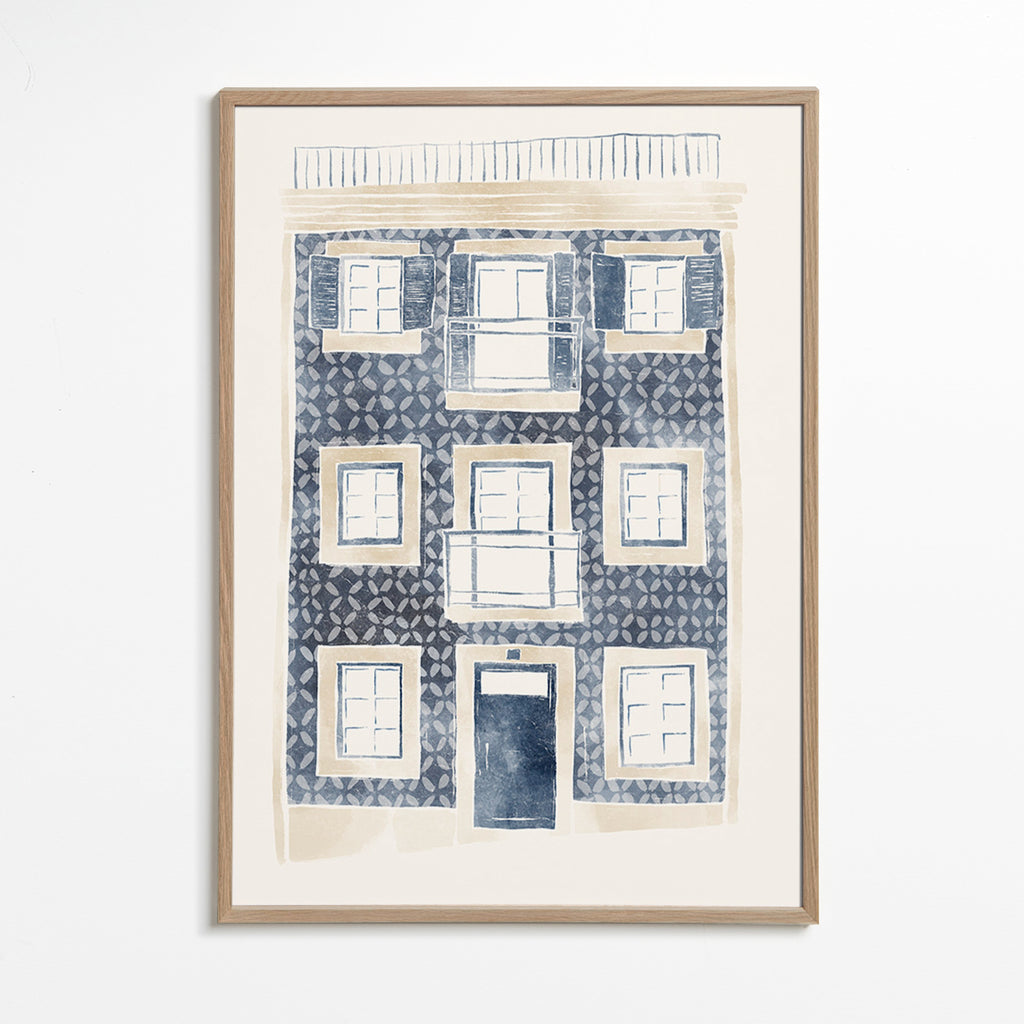 Ilustración de fachada con azulejos y balcones – Oak Frame