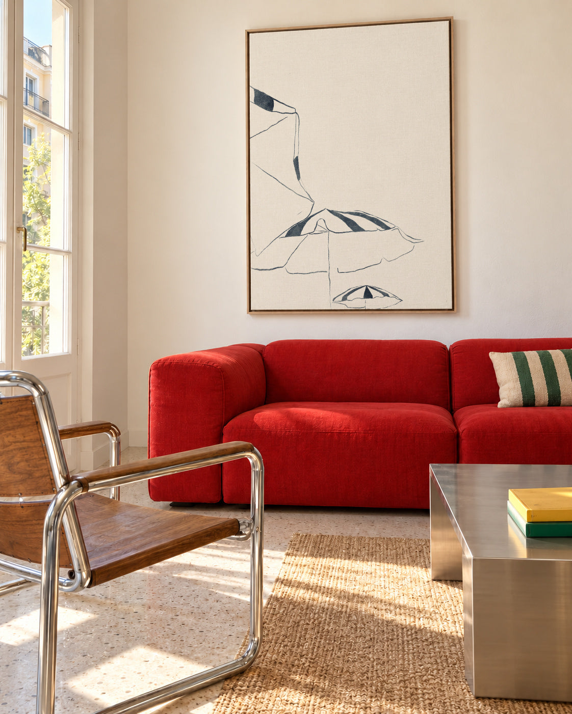 Blue Umbrellas - Framed canvas in an interior