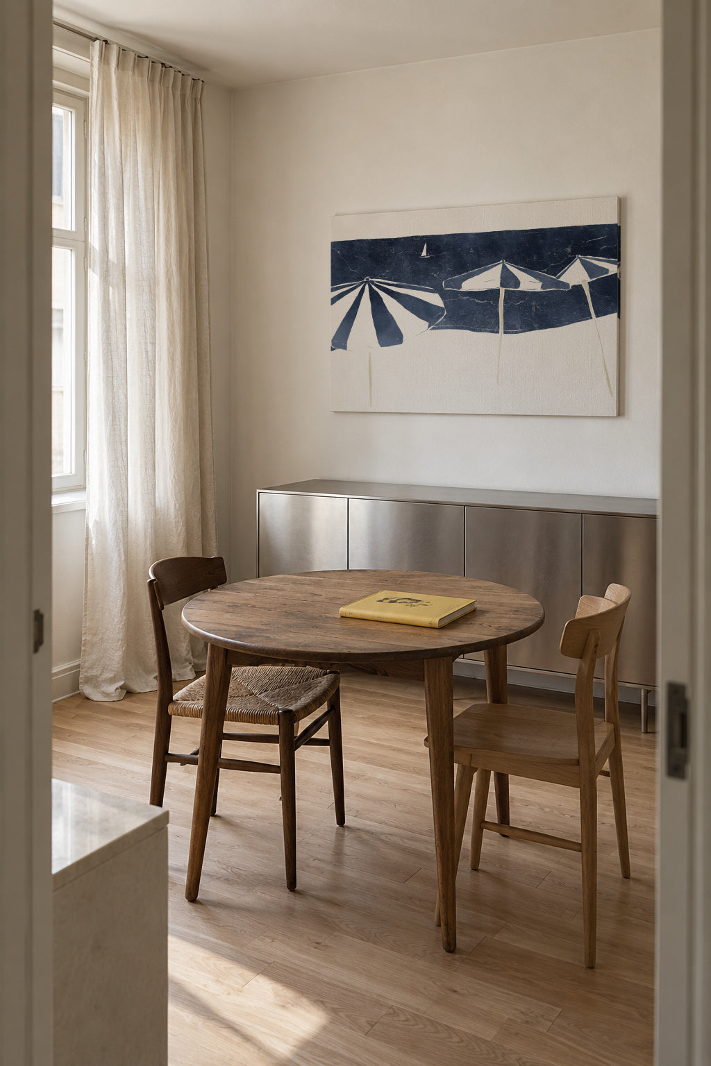 Blue Umbrellas and Sailboat - Unframed canvas in an interior