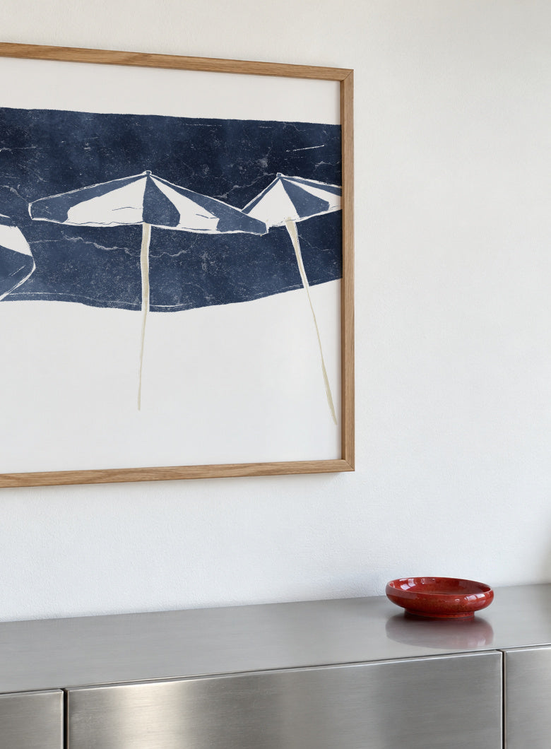 Blue Umbrellas and Sailboat - Framed poster detail