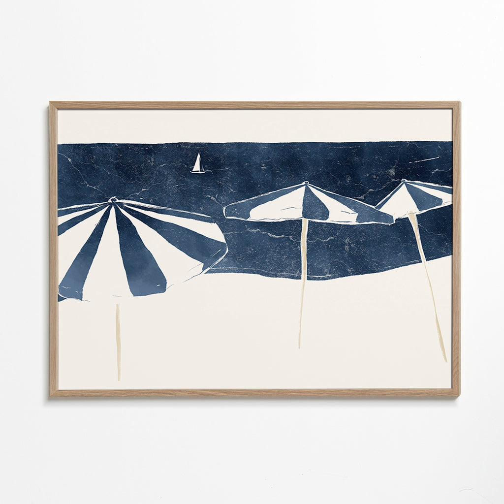 Cuadro de paisaje con sombrillas marinas minimalistas – Oak Frame