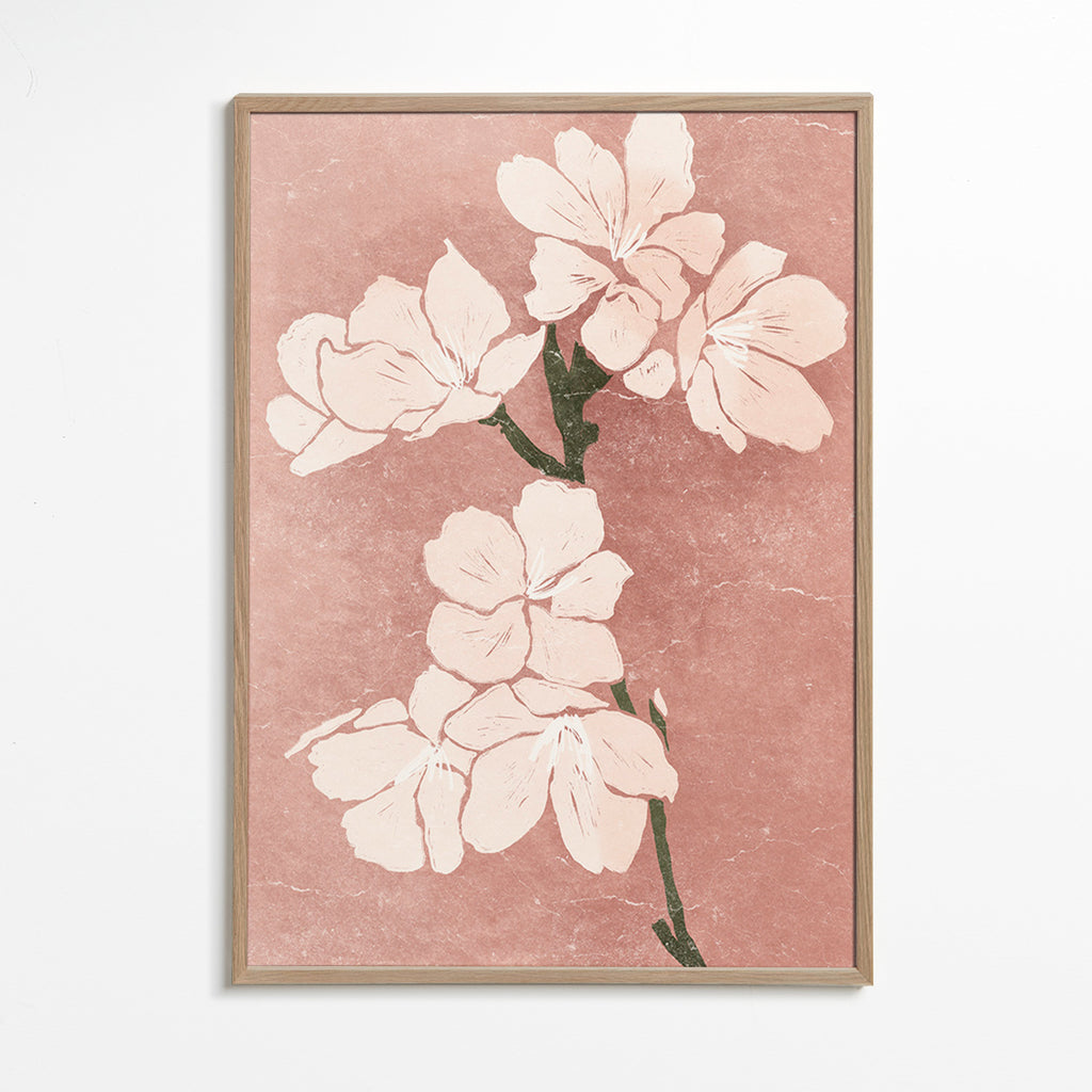 Lámina botánica con flores rosas y textura vintage – Oak Frame