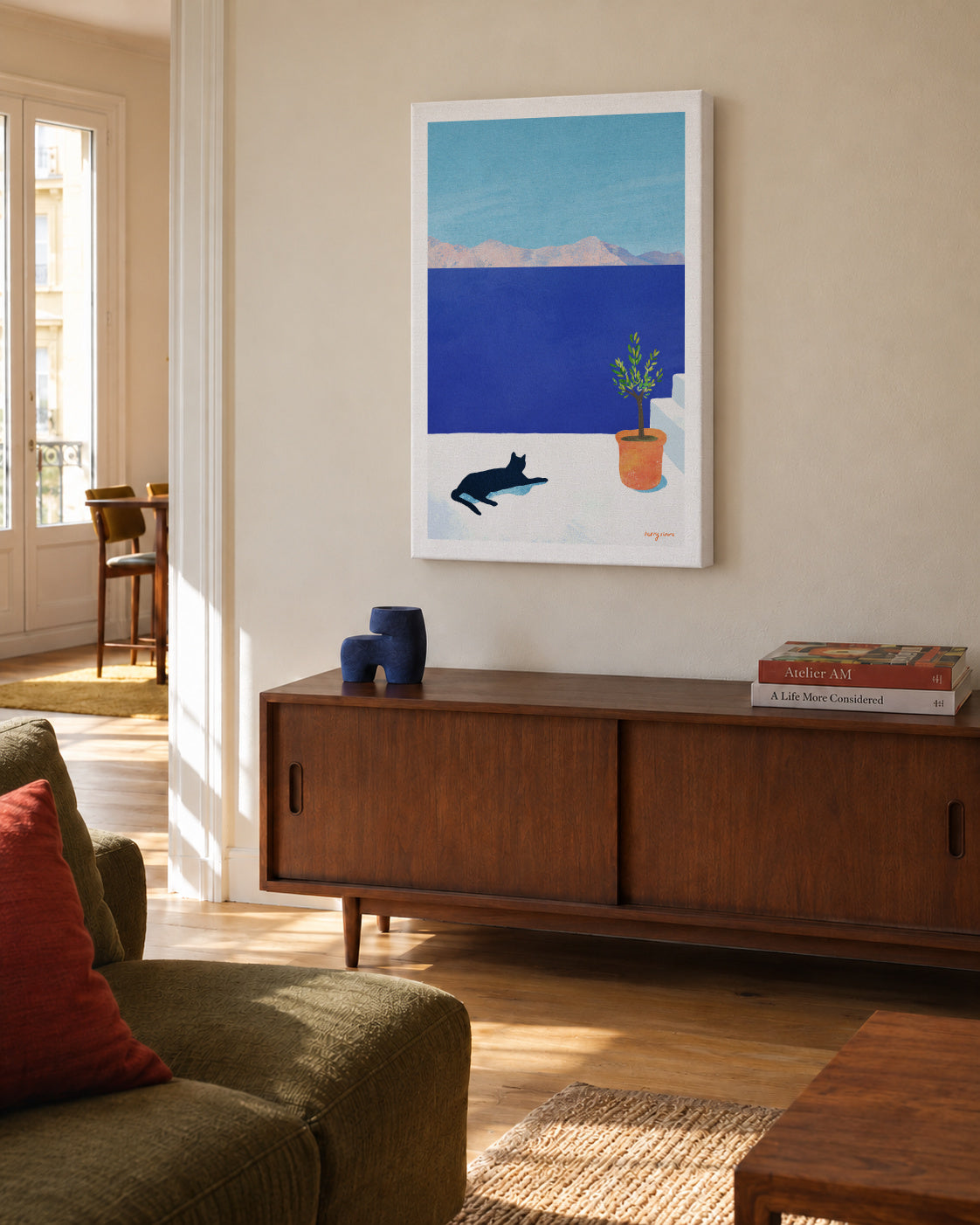 Black cat - siesta on the roof - Unframed canvas in an interior