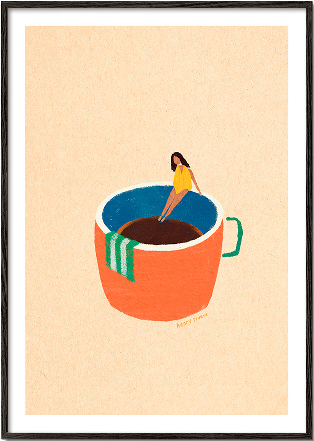 Küchenkunst mit illustrierter Kaffeetasse und Figur – Black Frame