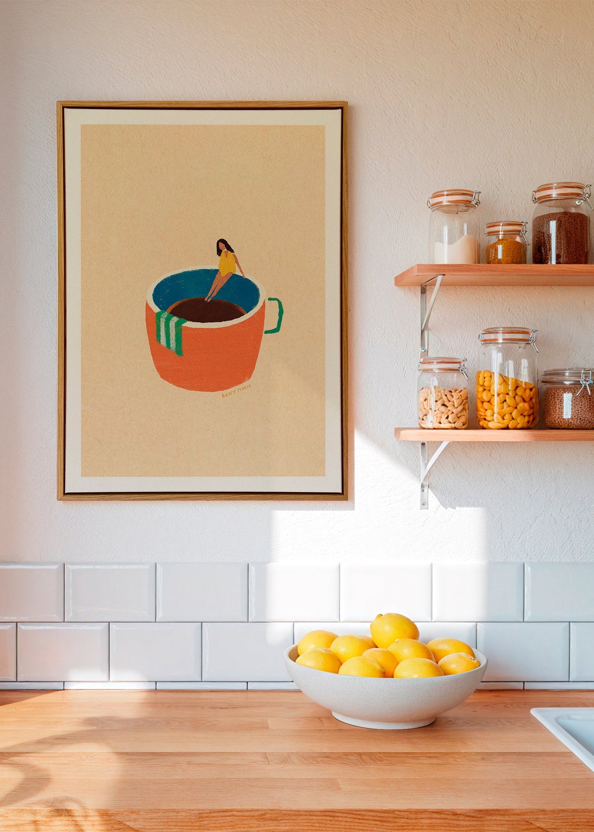 Küchenkunst mit illustrierter Kaffeetasse und Figur – Canvas1