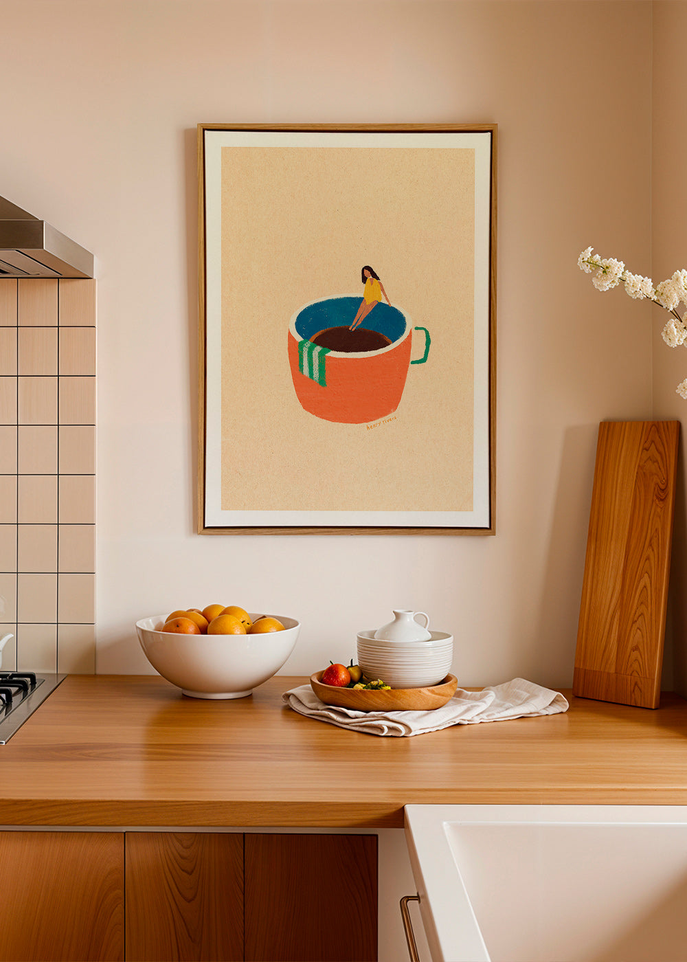 Küchenkunst mit illustrierter Kaffeetasse und Figur – Canvas2