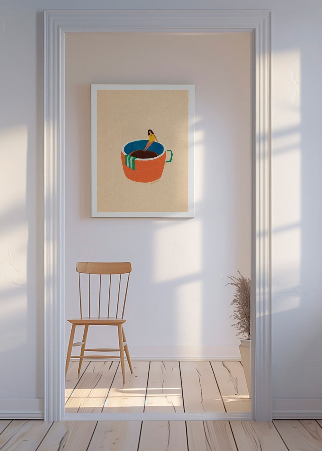 Küchenkunst mit illustrierter Kaffeetasse und Figur – Canvas