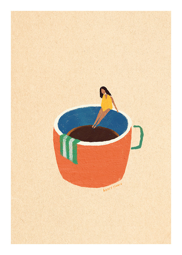 Küchenkunst mit illustrierter Kaffeetasse und Figur