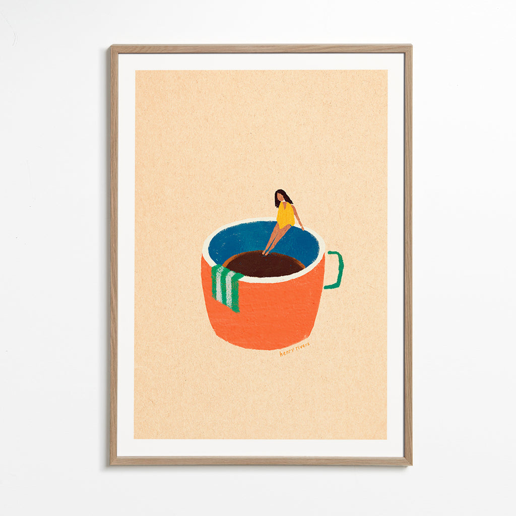Küchenkunst mit illustrierter Kaffeetasse und Figur – Oak Frame