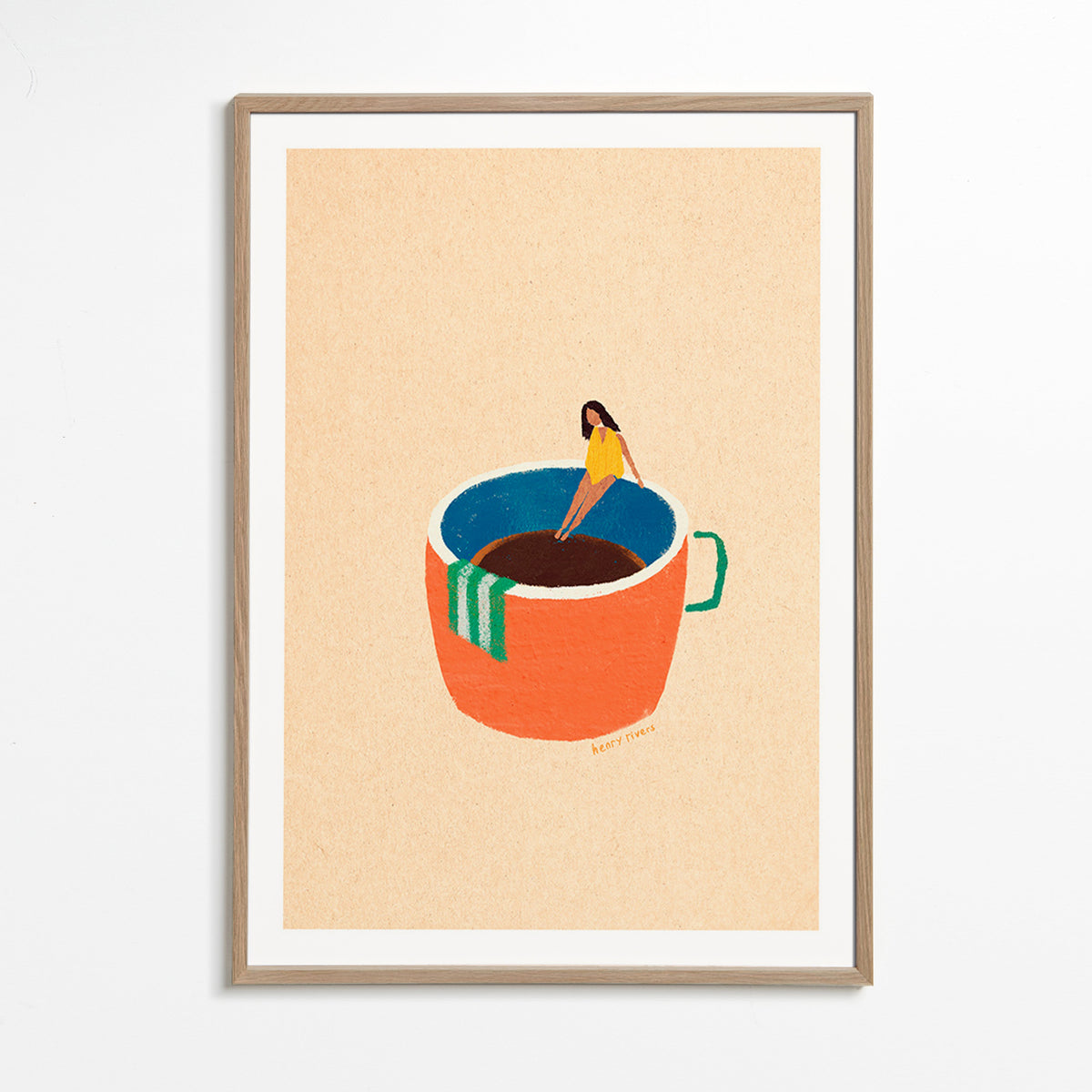 Küchenkunst mit illustrierter Kaffeetasse und Figur – Oak Frame