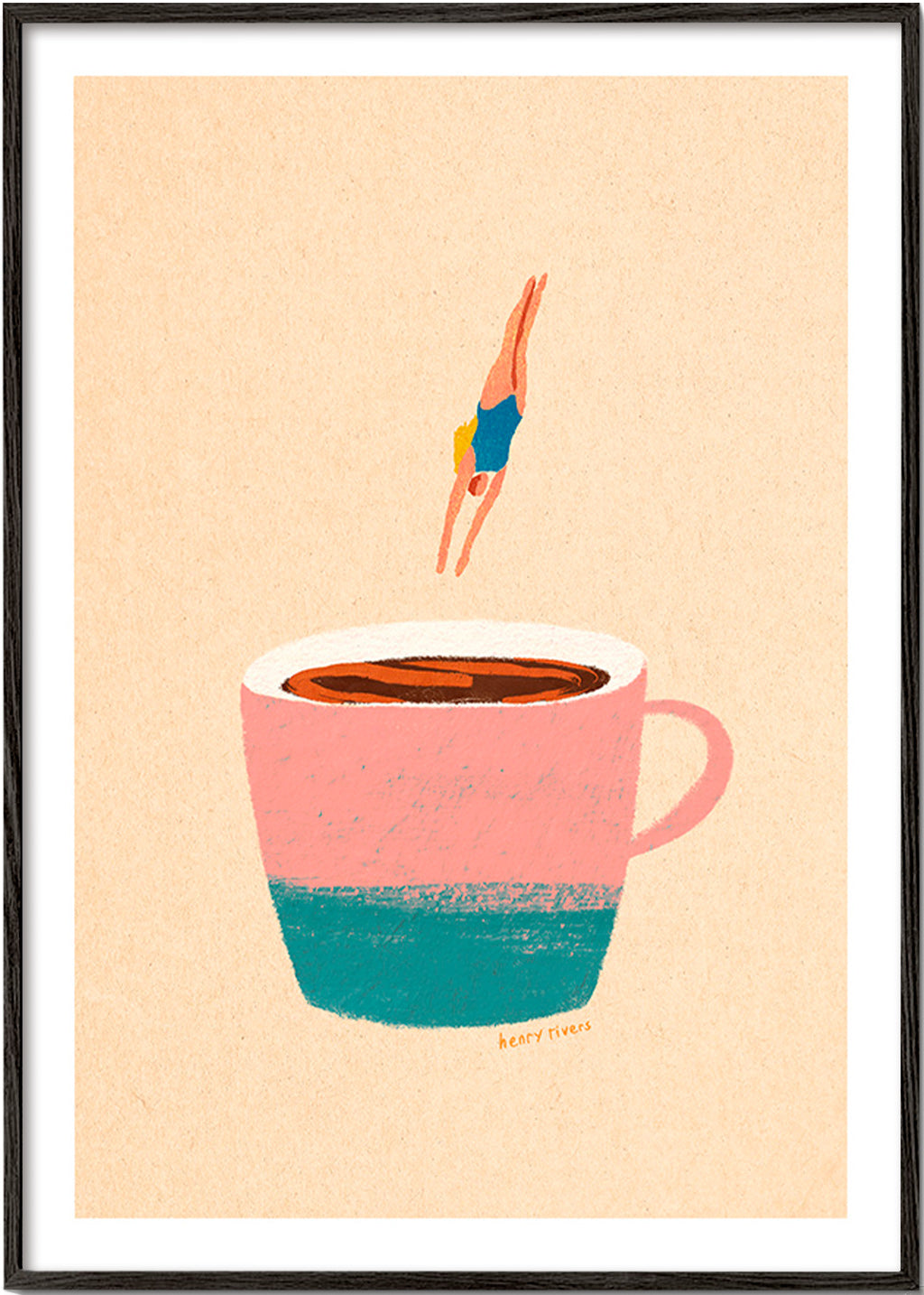 Küchenkunst mit rosa Tasse und Taucherin – Black Frame
