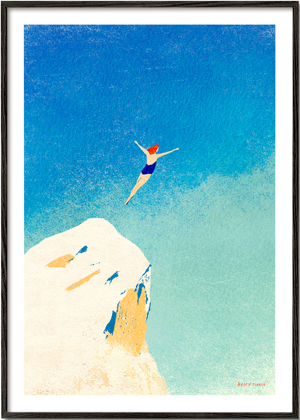 Illustration: Klippensprung vor weitem blauem Himmel – Black Frame