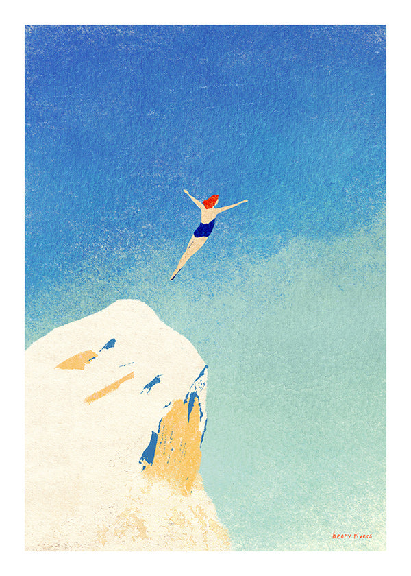 Illustration: Klippensprung vor weitem blauem Himmel